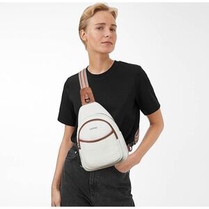 Latmap Cream Vegan Leather Sling Bag Crossbody Backpack with Patterned Strap